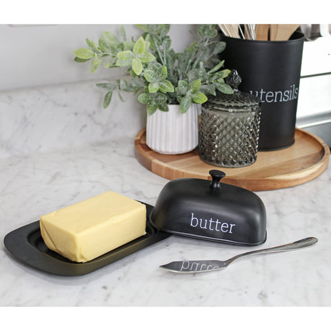AuldHome Design enamelware black butter dish side profile with grooved base