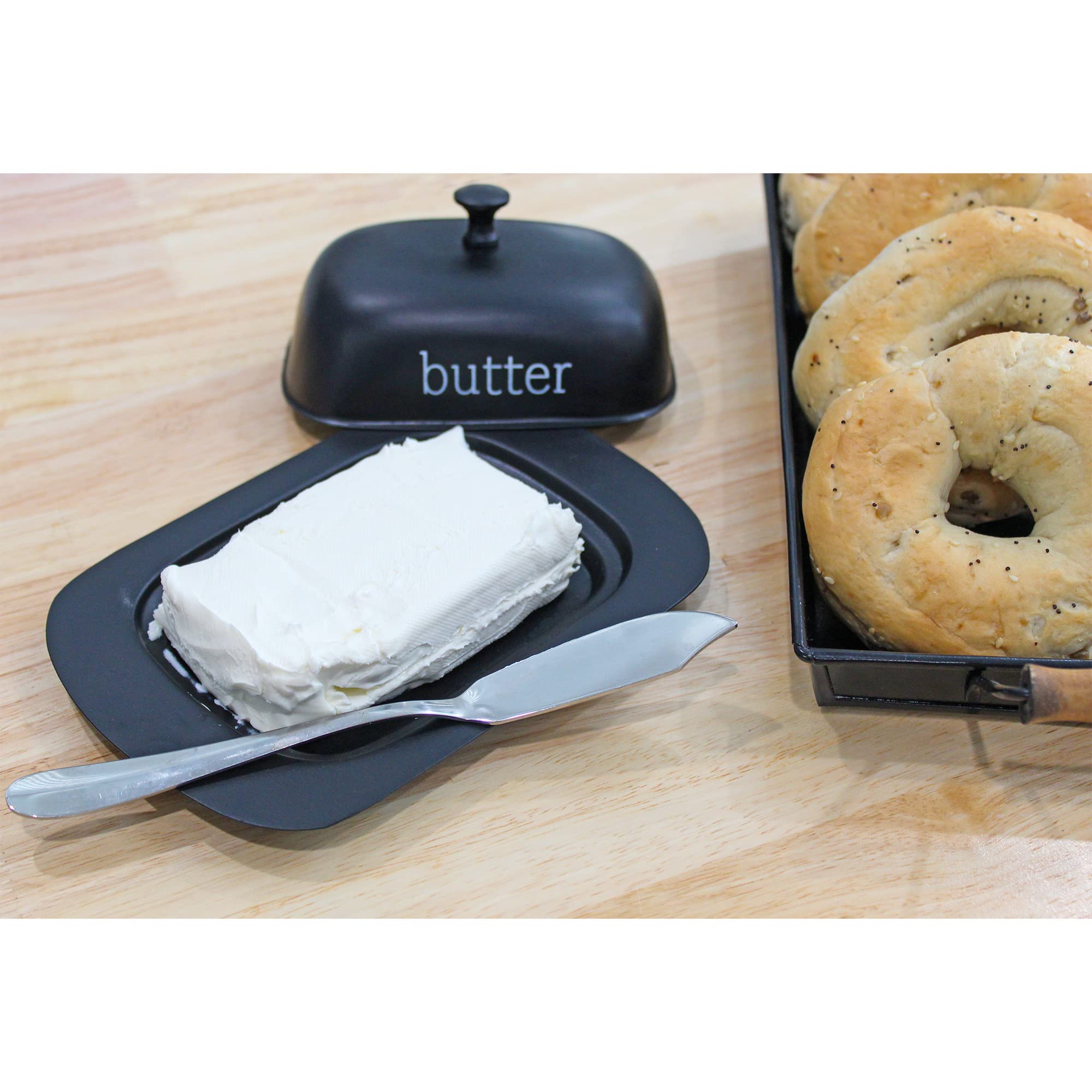 AuldHome Design enamelware black butter dish top view highlights matte finish and lettering