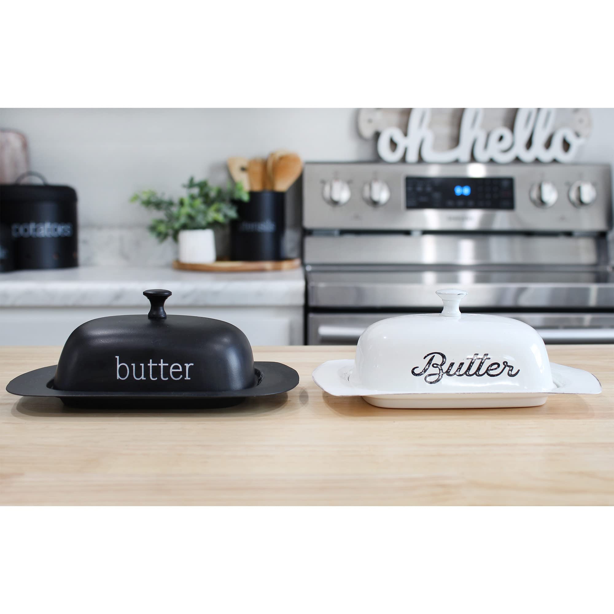 AuldHome Design enamelware black butter dish close-up of typewriter-style 'butter' lettering