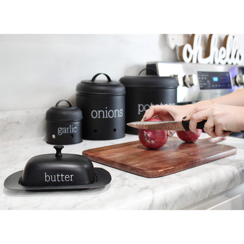 AuldHome Design enamelware black butter dish used to serve cheese on a board