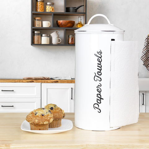AuldHome Design enamelware countertop dispenser adds rustic charm while protecting towels from splashes.