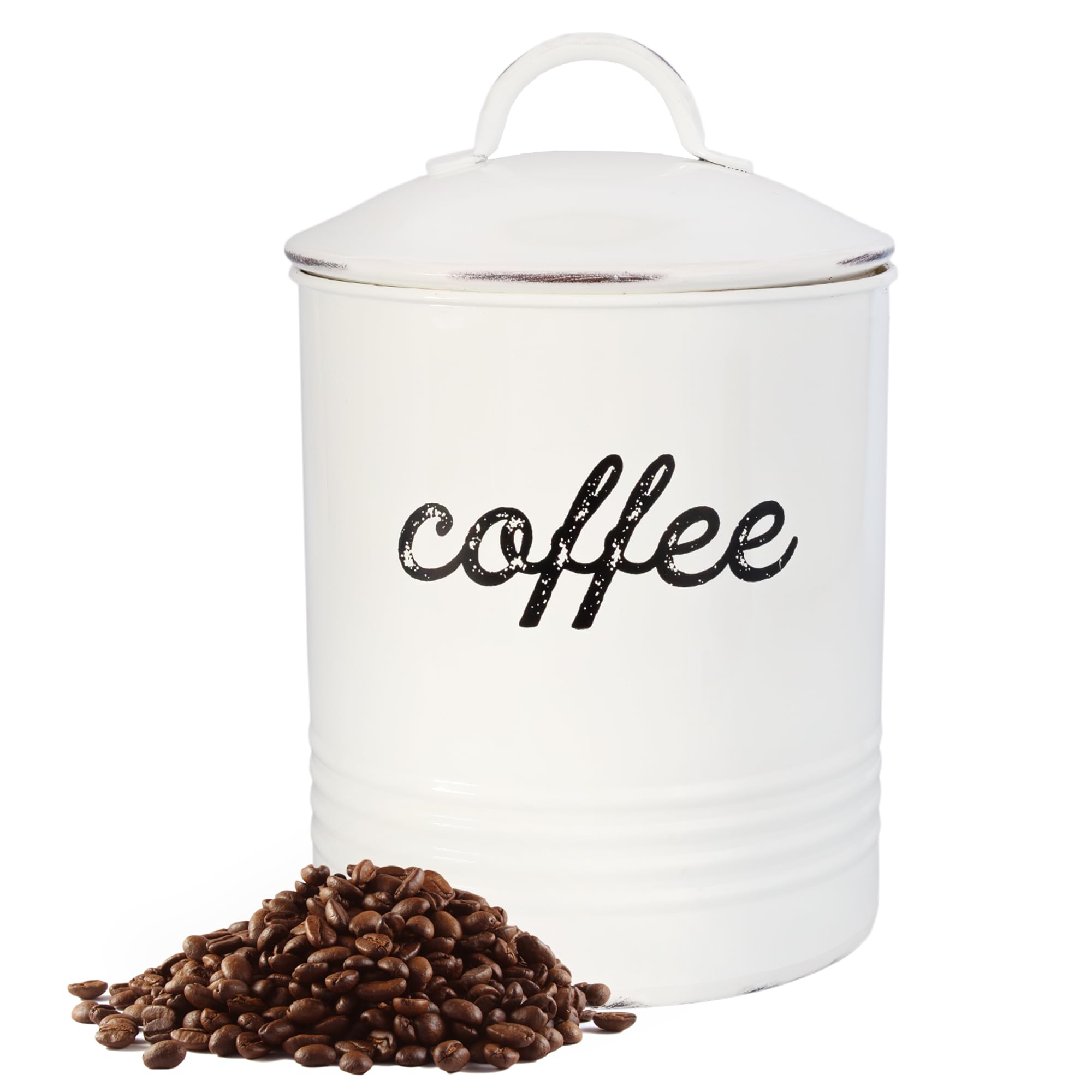 AuldHome Design enamelware white coffee canister front view for organized coffee storage