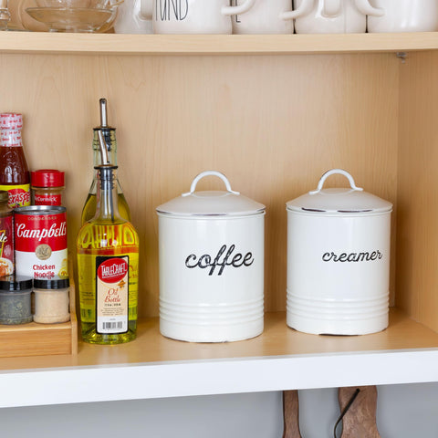 AuldHome Design enamelware white coffee canister on kitchen shelf for easy access