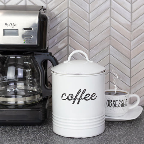AuldHome Design enamelware white coffee canister side view with distressed finish for rustic kitchen charm
