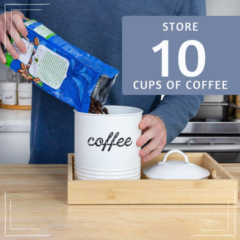 AuldHome Design enamelware canister with coffee beans conveys organized storage appeal