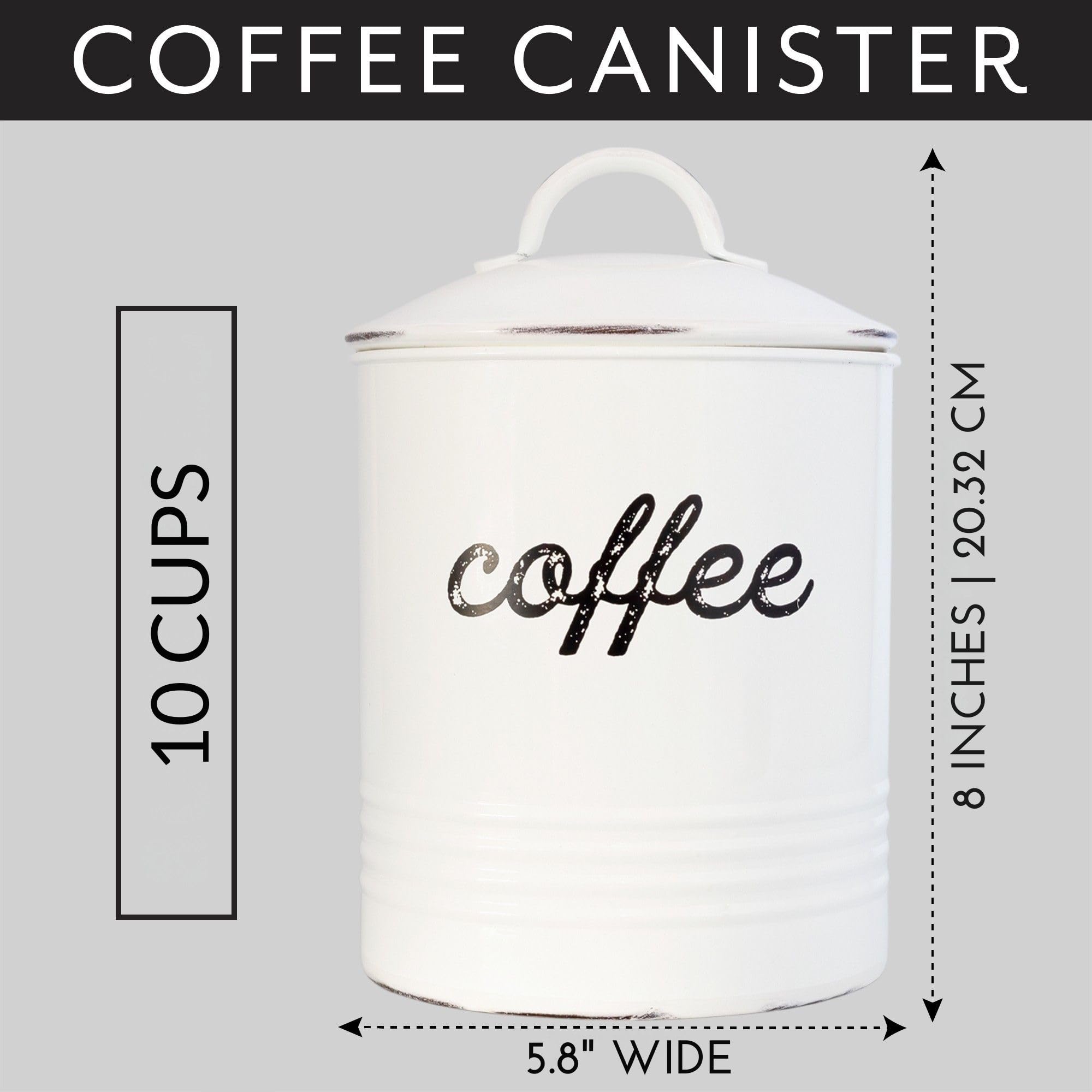 AuldHome Design enamelware canister shown with a cup for everyday coffee ritual