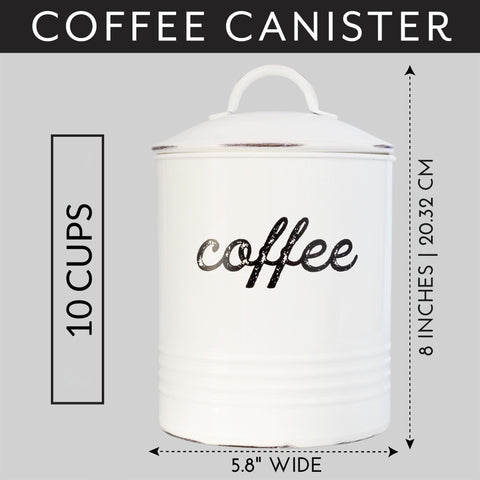 AuldHome Design enamelware canister shown with a cup for everyday coffee ritual