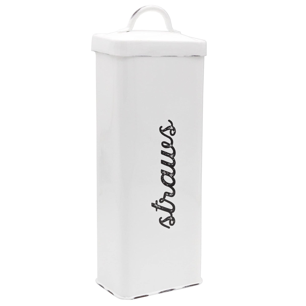 AuldHome Design farmhouse enamelware straw holder in white on counter for easy access.