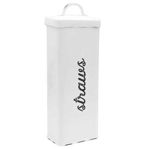 AuldHome Design farmhouse enamelware straw holder in white on counter for easy access.