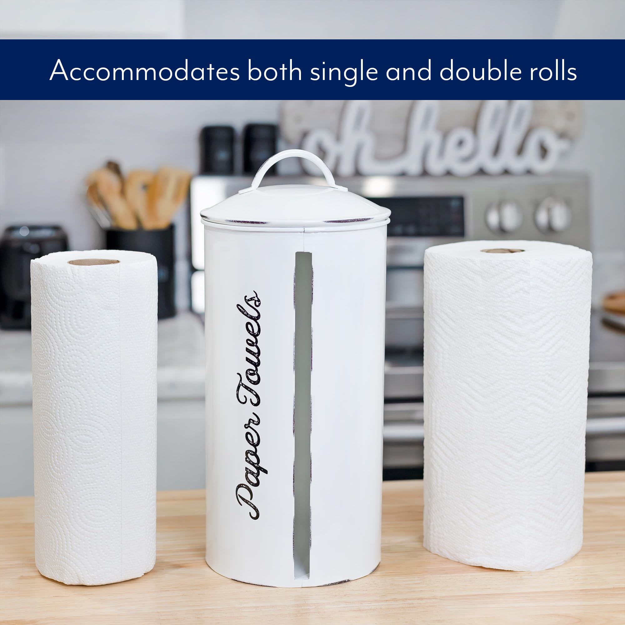 AuldHome Design farmhouse kitchen organizer keeps towels tidy and within reach.