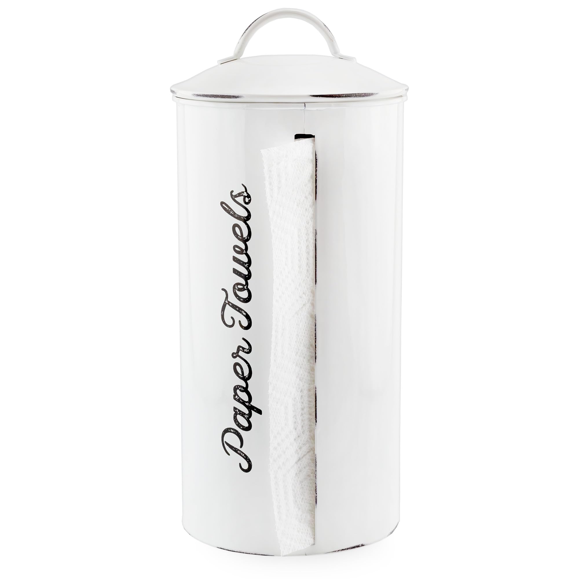AuldHome Design farmhouse paper towel holder white keeps towels clean and accessible.
