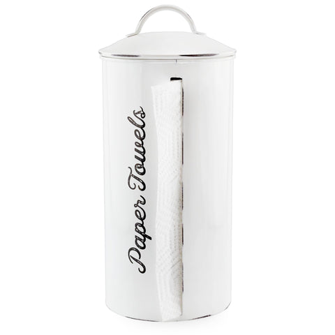 AuldHome Design farmhouse paper towel holder white keeps towels clean and accessible.