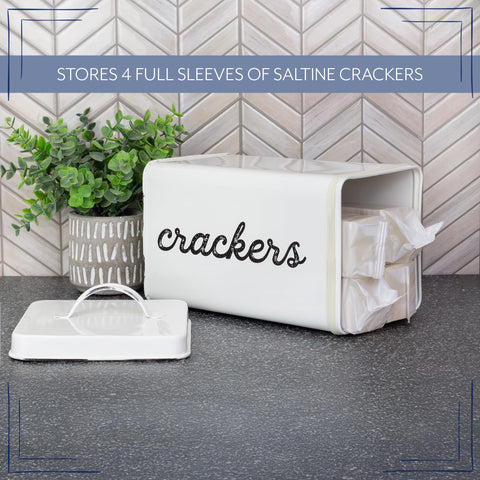 AuldHome Design enamelware cracker canister sits neatly on a pantry shelf for easy access.