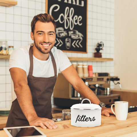 AuldHome Design round-filter papers storage on shelf with organized look.