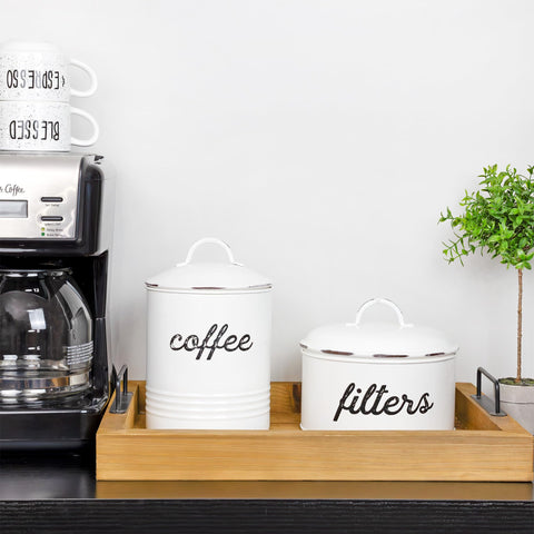 AuldHome Design rustic farmhouse enamelware basket display on shelf.