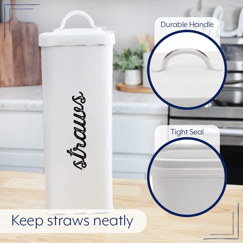 AuldHome Design rustic metal straw storage canister with clean white finish.