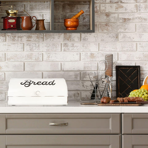AuldHome Design Rustic White Bread Box back view showing smooth roll-top lid.