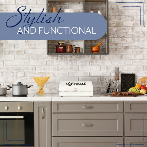 AuldHome Design Rustic White Bread Box on counter complements farmhouse kitchen décor.