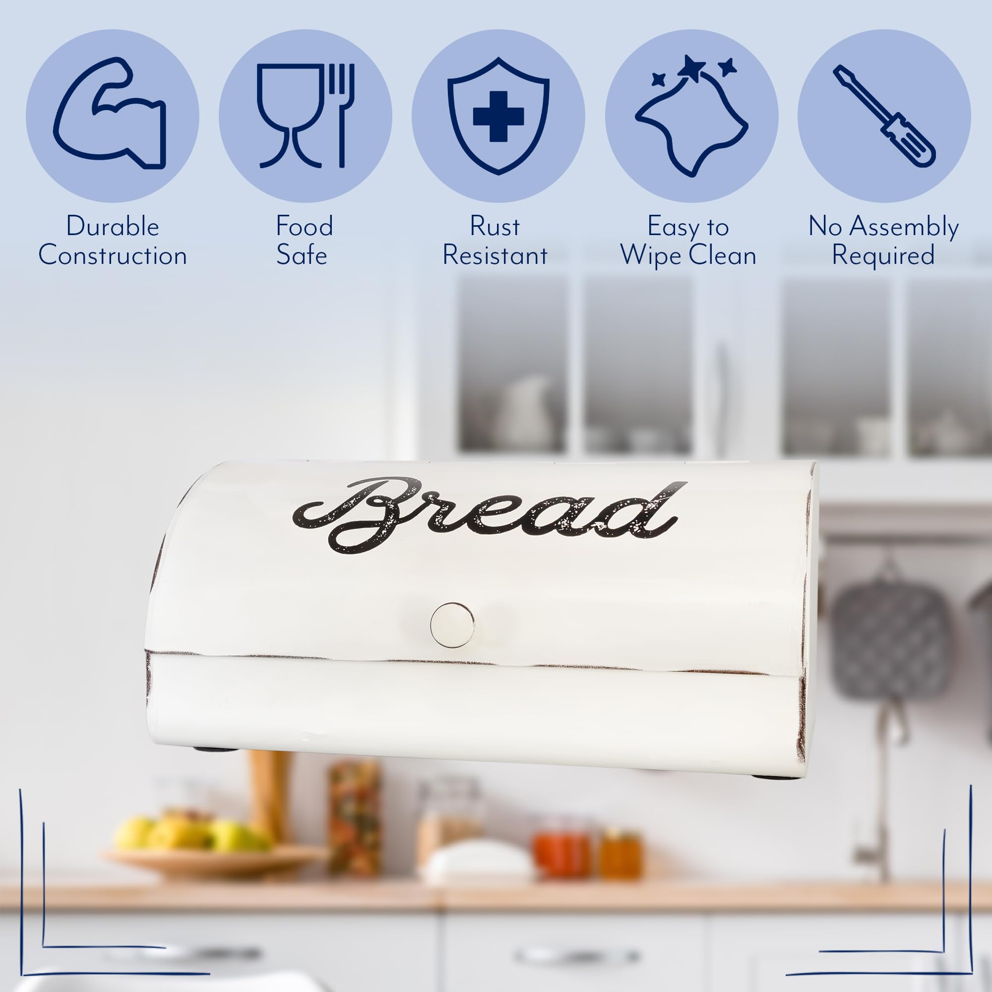 AuldHome Design Rustic White Bread Box enamel detail emphasizes vintage character.