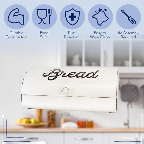 AuldHome Design Rustic White Bread Box enamel detail emphasizes vintage character.