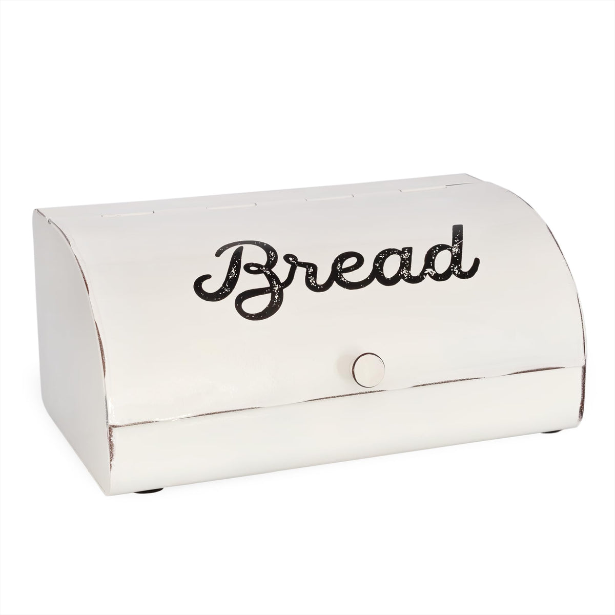 AuldHome Design Rustic White Bread Box front view enhances countertop storage with vintage charm.