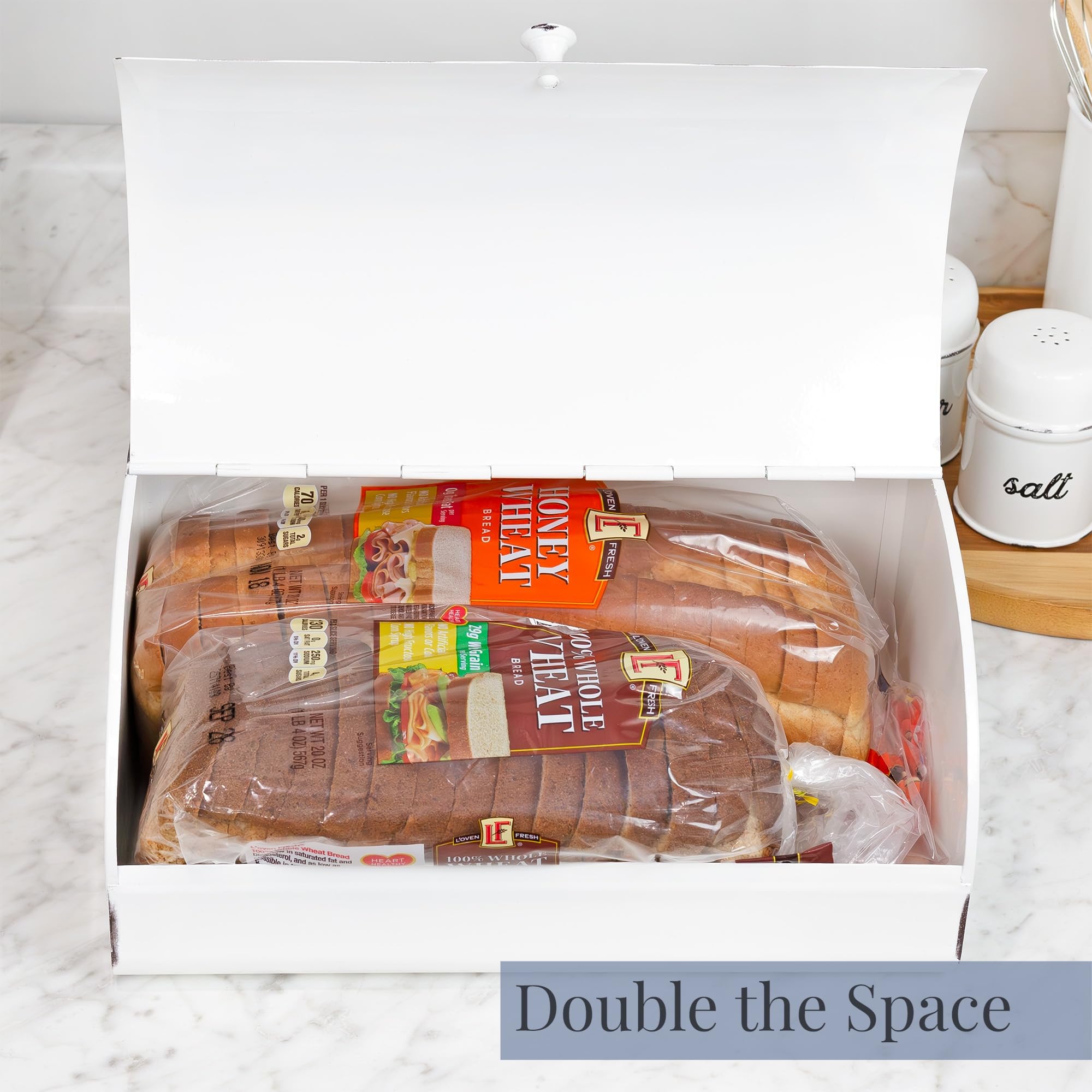 AuldHome Design Rustic White Bread Box lid-open view for quick access to baked goods.