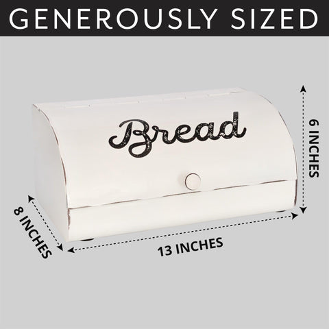 AuldHome Design Rustic White Bread Box with bread inside demonstrates functional display.