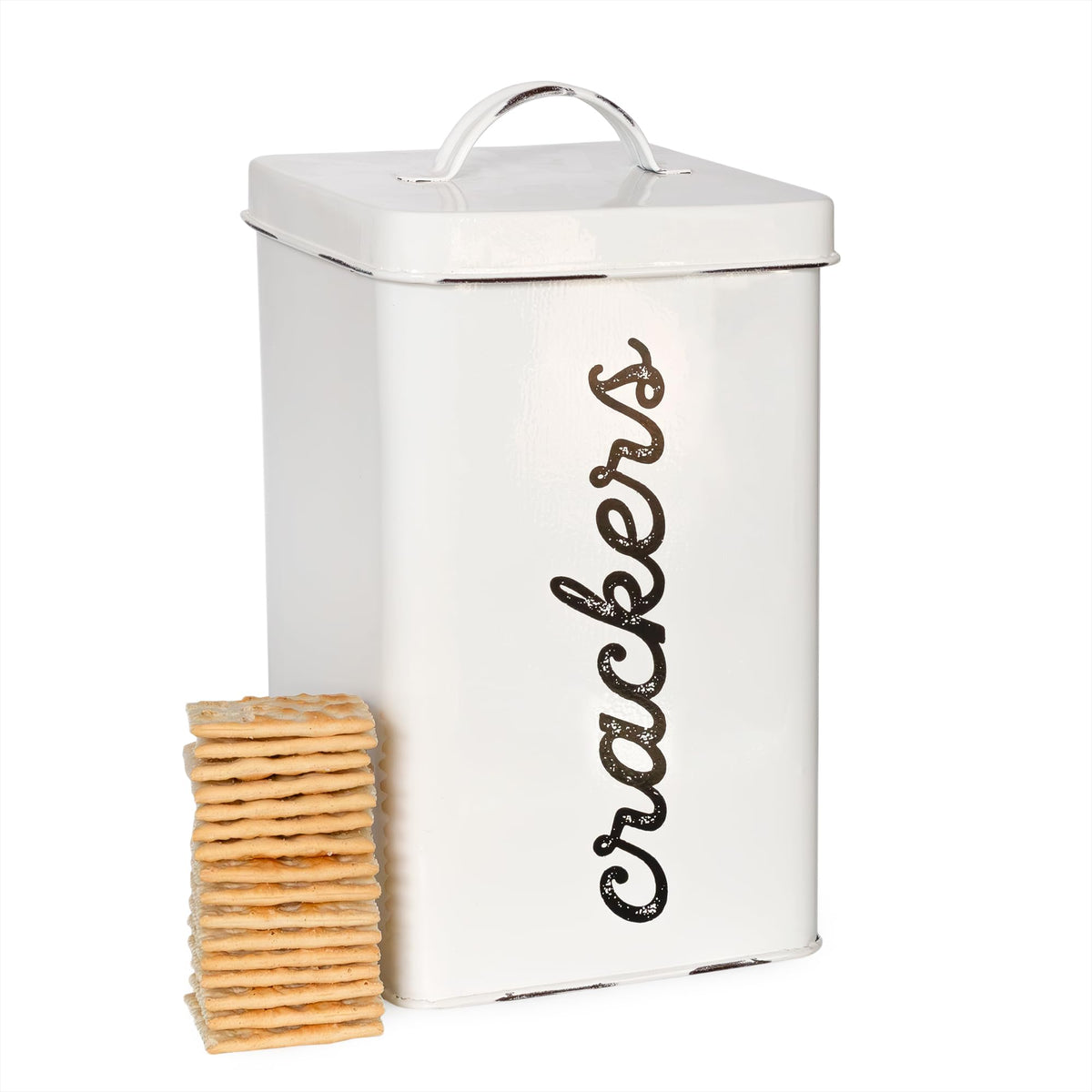 AuldHome Design rustic white cracker tin on countertop for pantry organization.