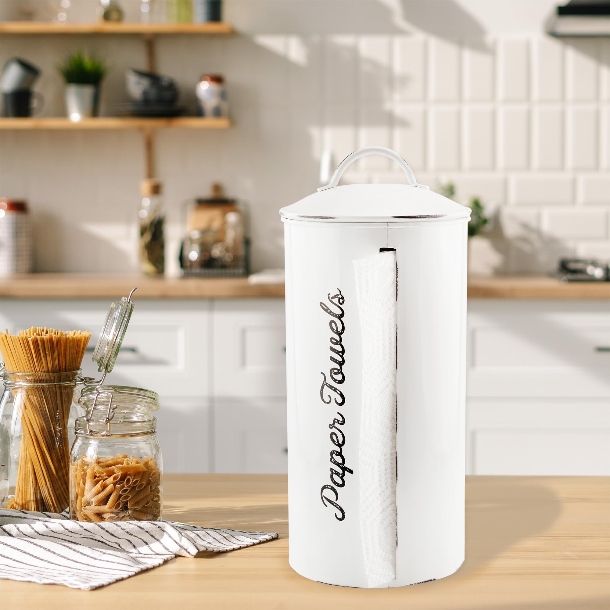 AuldHome Design rustic white enamelware detail enhances shabby chic kitchen accents.