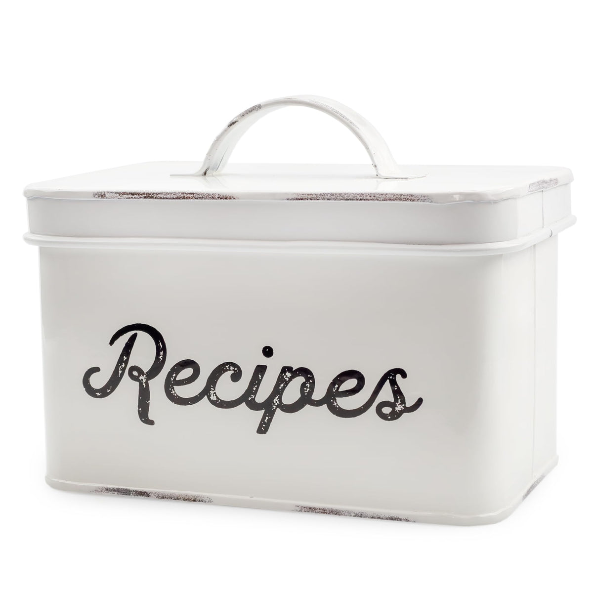 AuldHome Design rustic white recipe box front view with farmhouse enamel charm.