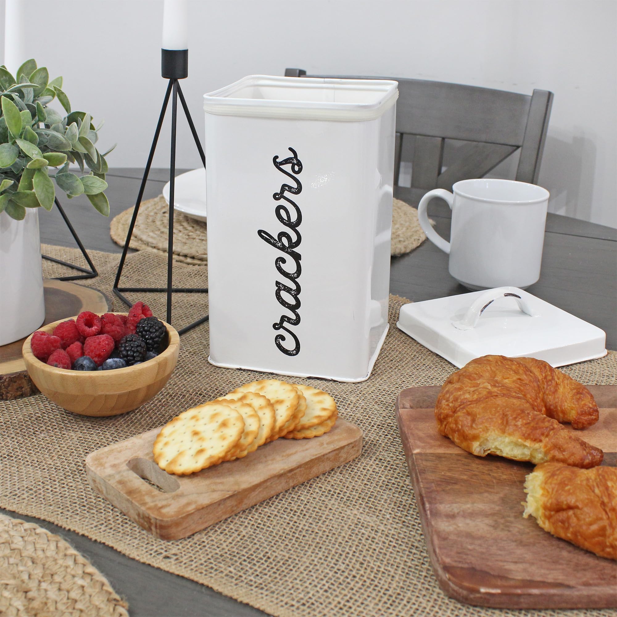 AuldHome Design white cracker tin with crackers script enhances rustic kitchen vibe.