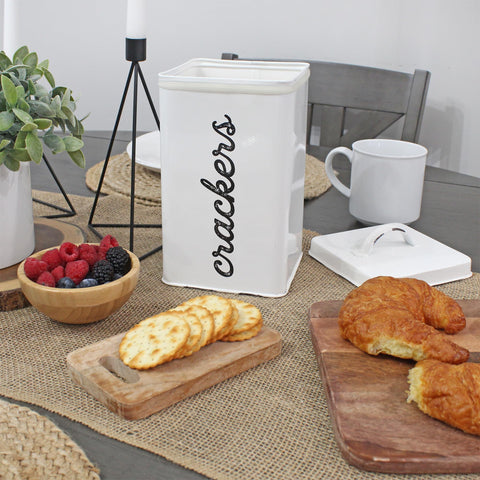 AuldHome Design white cracker tin with crackers script enhances rustic kitchen vibe.