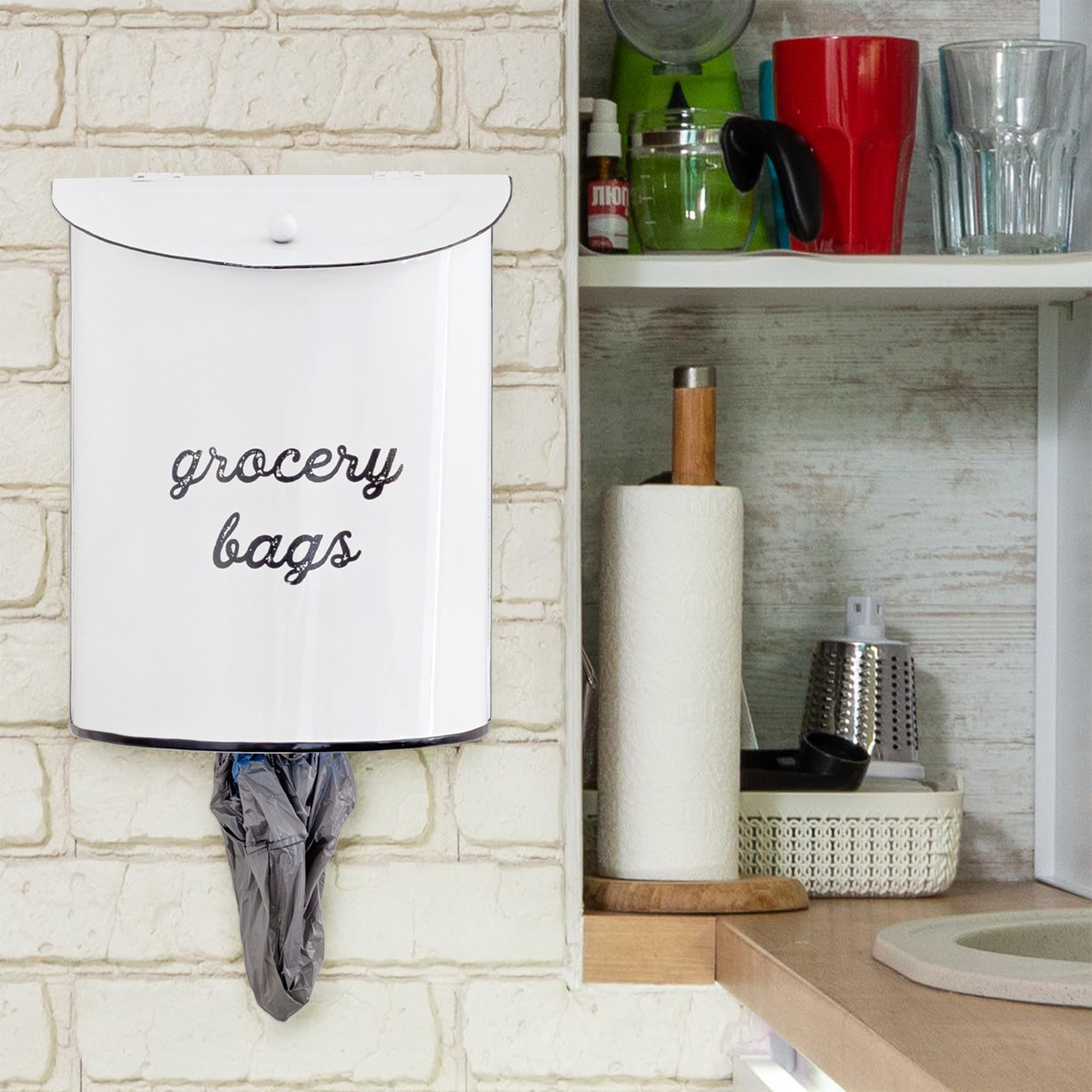 AuldHome Design enamelware-style bag dispenser adds vintage charm while organizing bags.