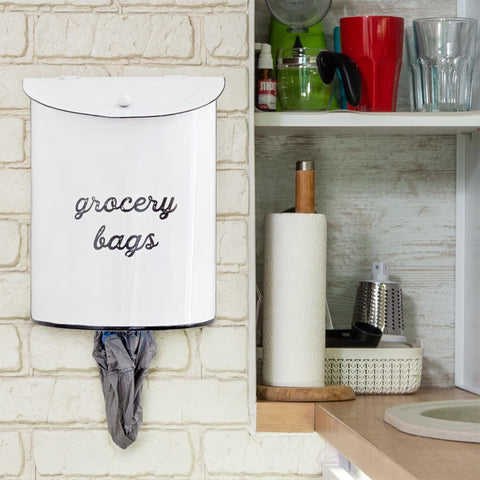 AuldHome Design enamelware-style bag dispenser adds vintage charm while organizing bags.