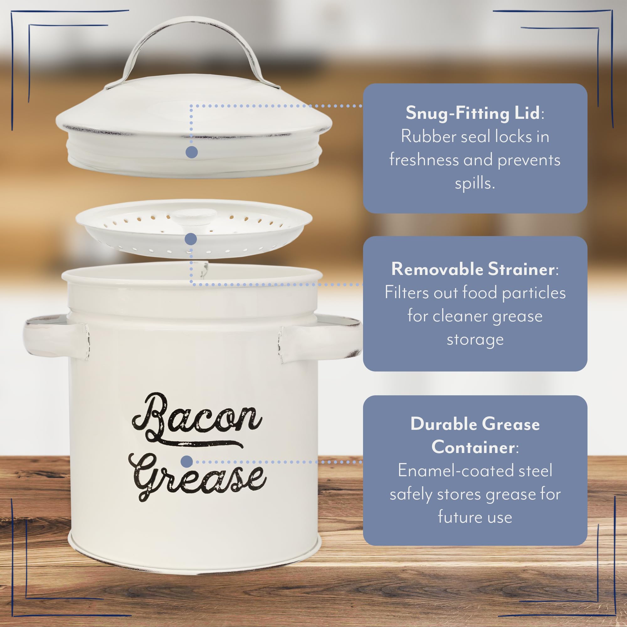 AuldHome grease keeper on countertop complements farmhouse kitchens with durable enamelware