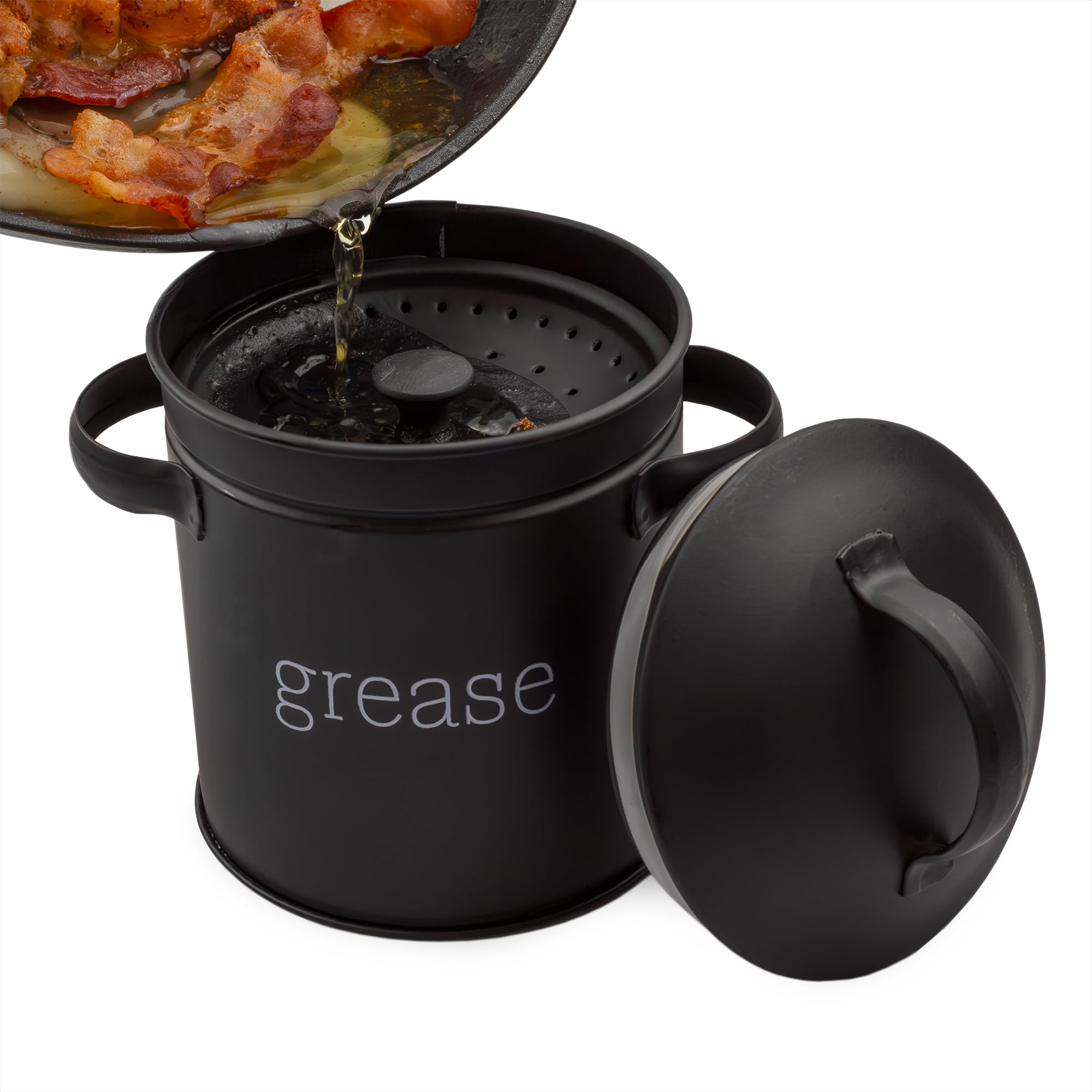 AuldHome grease container with strainer and lid for mess-free kitchen storage