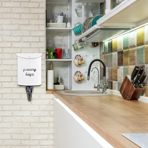 AuldHome white enamel bag dispenser, 10x8x4, blends into kitchen decor.