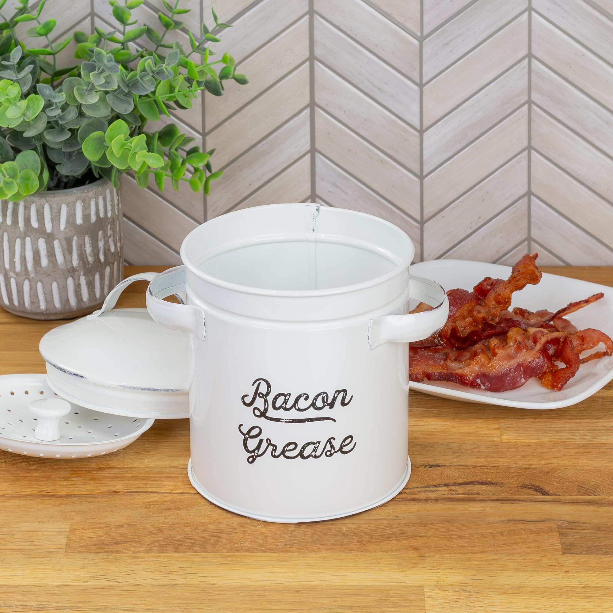 AuldHome white enamelware grease can keeps countertops tidy and stylish