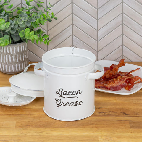 AuldHome white enamelware grease can keeps countertops tidy and stylish