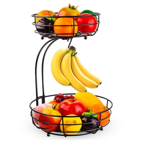 Auledio Iron 2-Tier Fruit Basket with Banana Hanger displayed on countertop, organized fruit.
