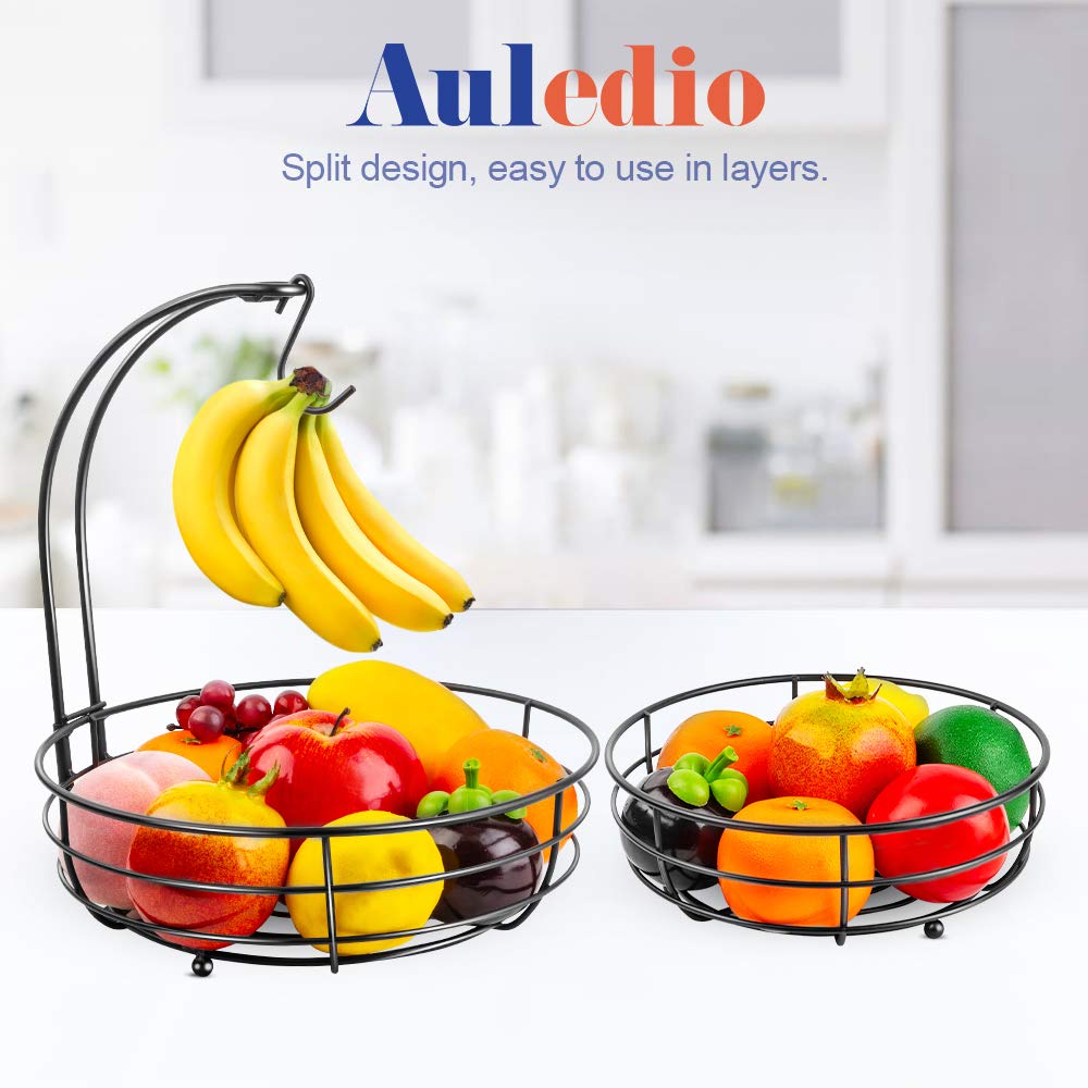 Upper and lower baskets in Auledio iron fruit basket for versatile storage.