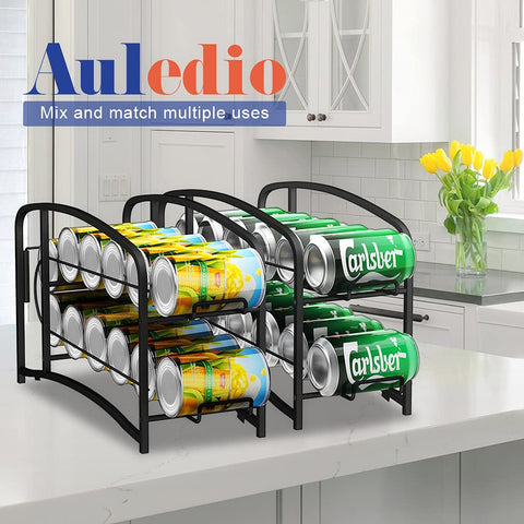 Auledio stackable can dispenser rack on a kitchen counter keeps cans accessible.