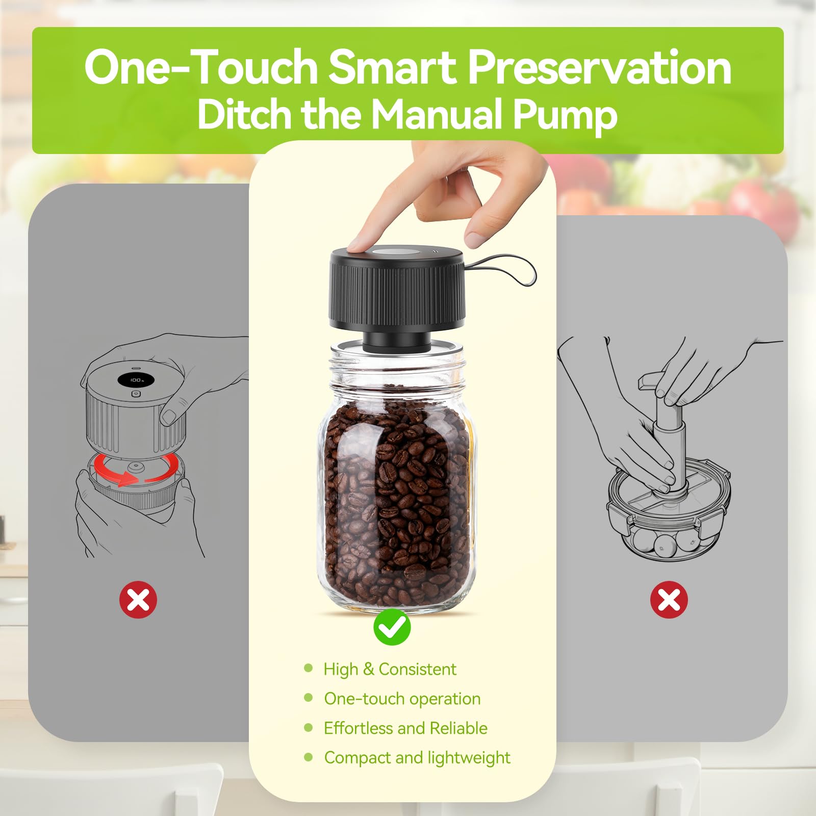 Auletor 3-in-1 sealer demonstrates wide-mouth jar compatibility for secure storage.