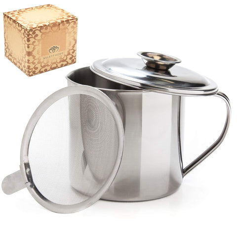 Aulett Home bacon fat container with ergonomic handle for safe pouring and storage.