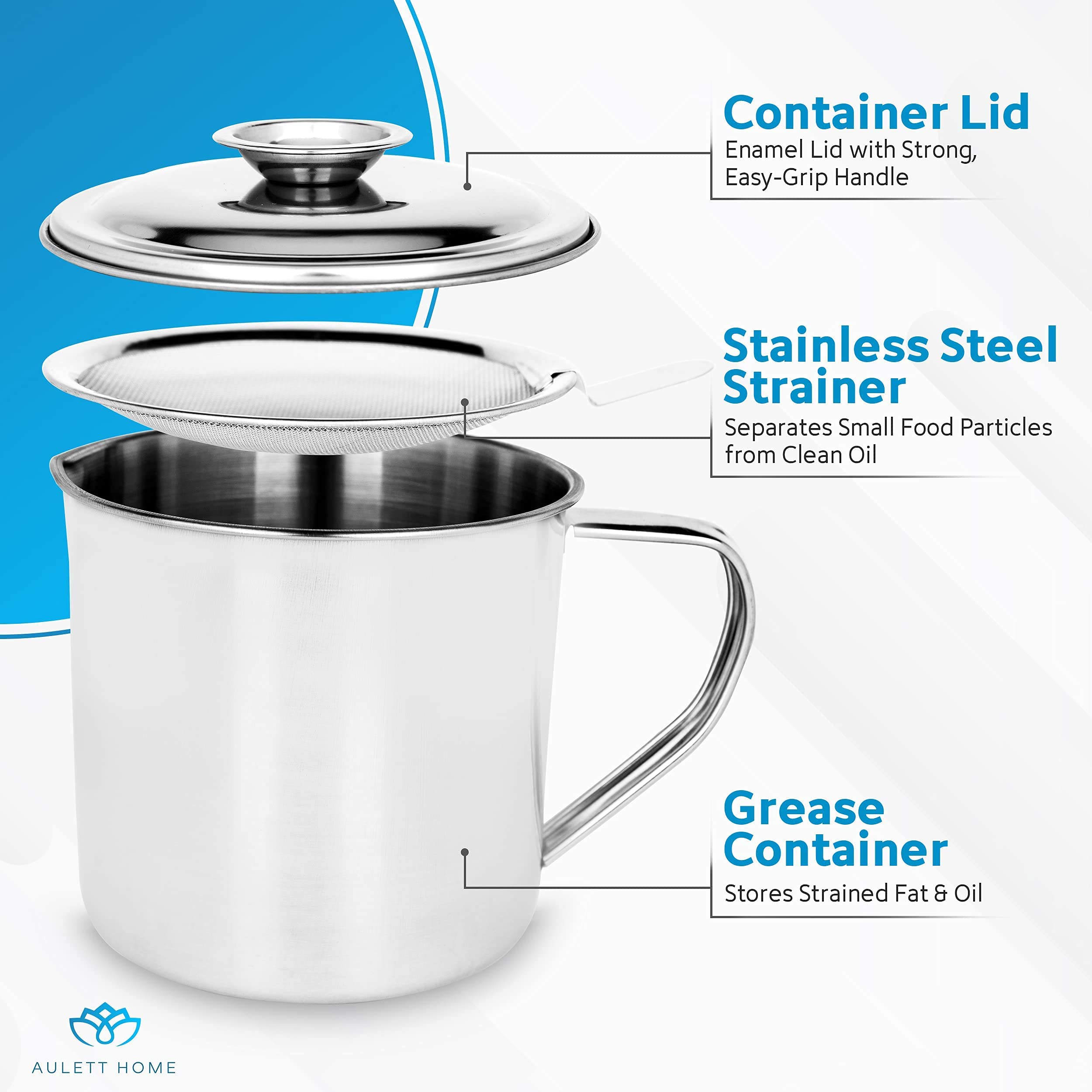 Aulett Home oil strainer keeps solids out for cleaner bacon drippings.