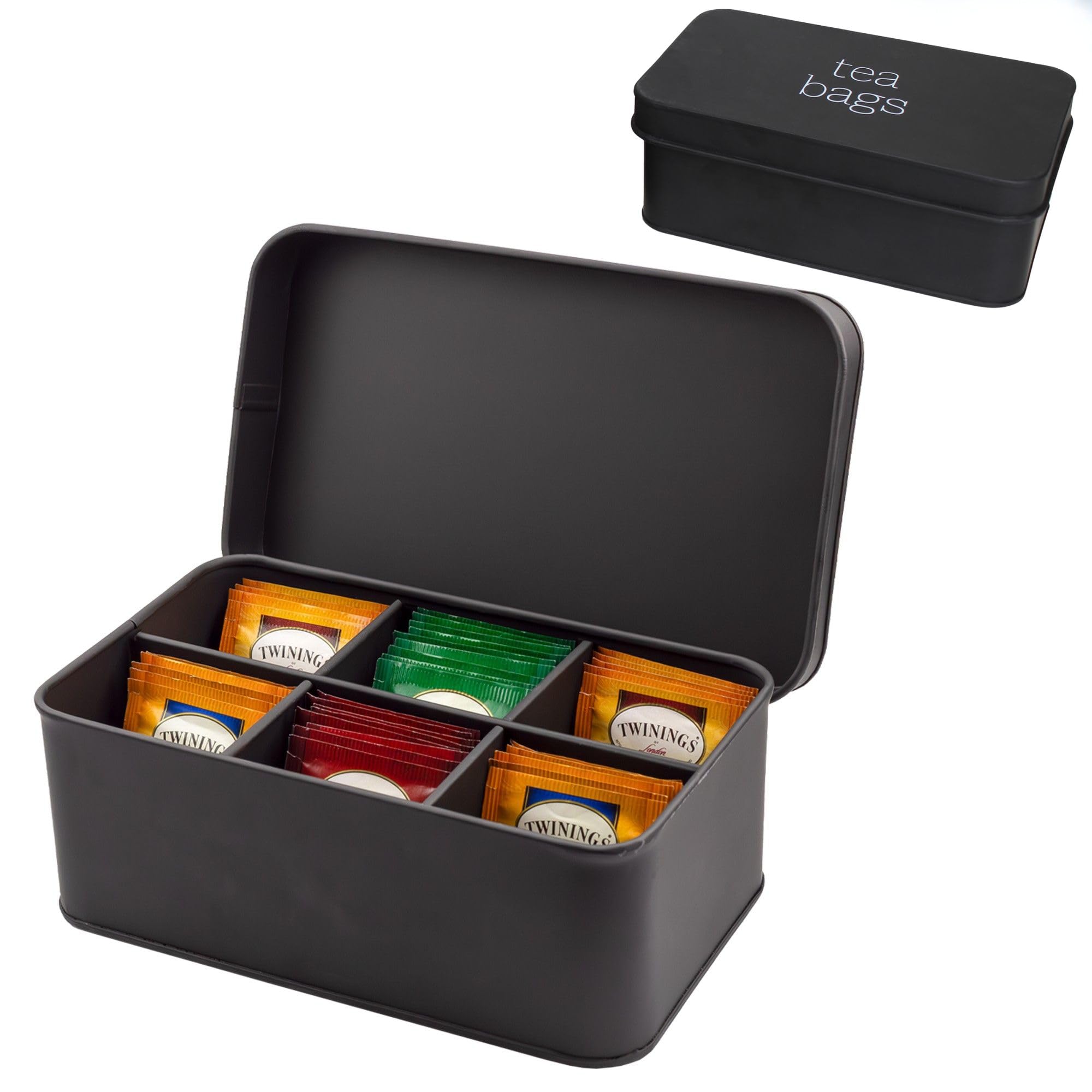 AuldHome Design enamelware tea bag box in black lid keeps tea organized with style.