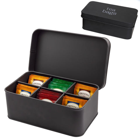 AuldHome Design enamelware tea bag box in black lid keeps tea organized with style.