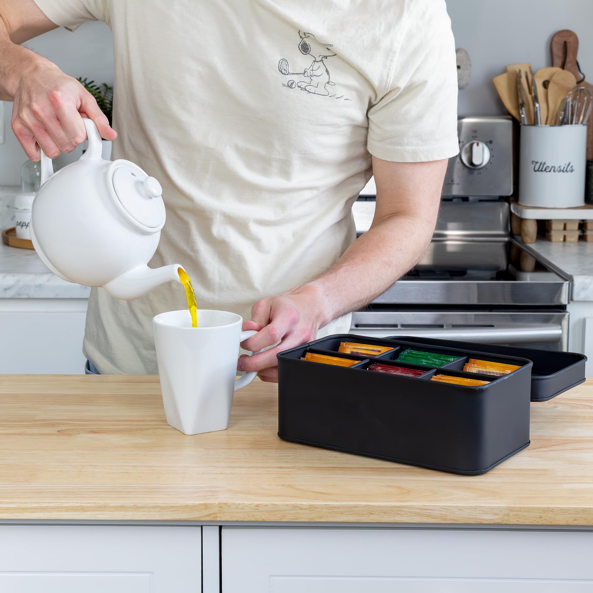 AuldHome Design enamelware tea bag box close-up reveals sturdy galvanized finish.