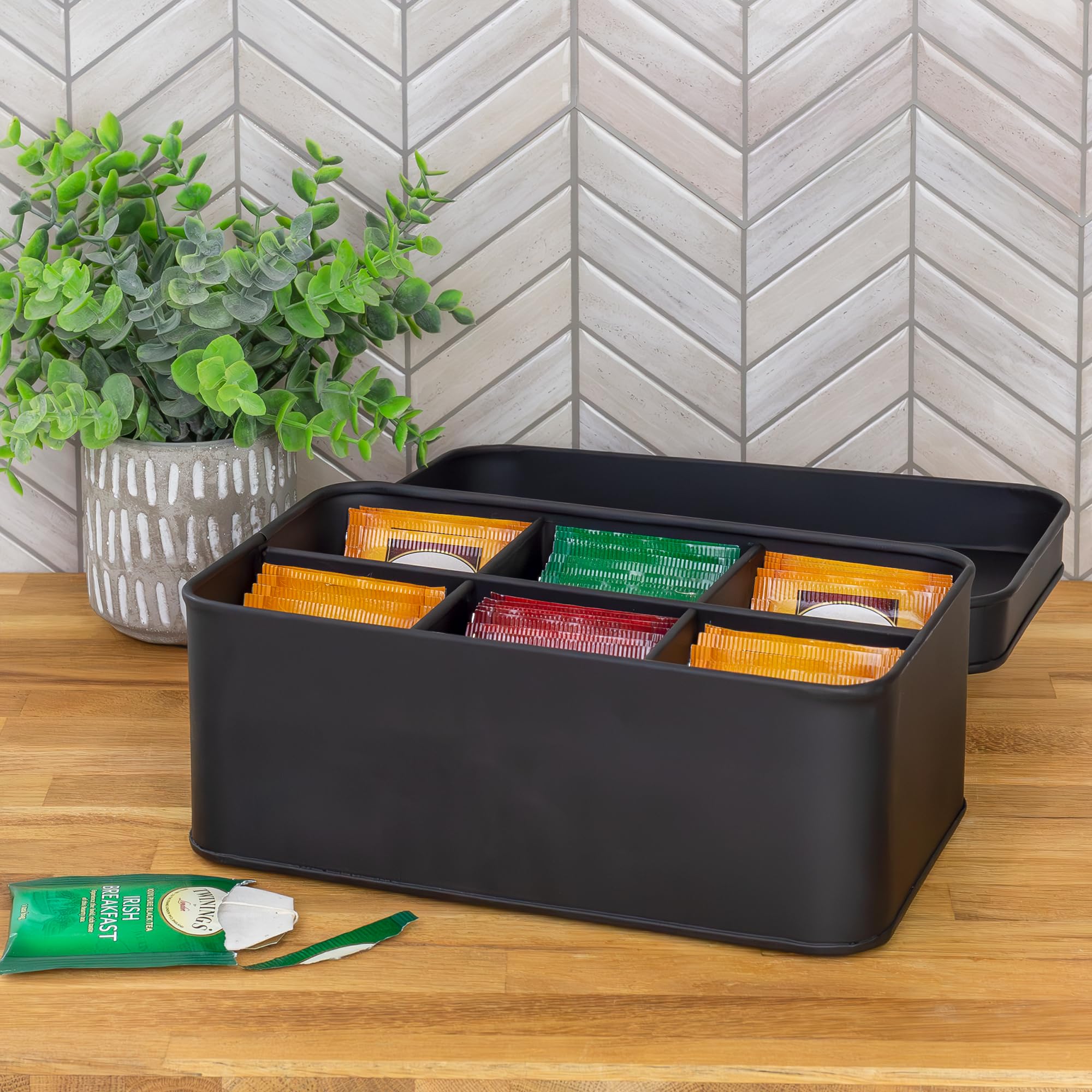 AuldHome Design enamelware tea bag box dimensions and interior layout on display.