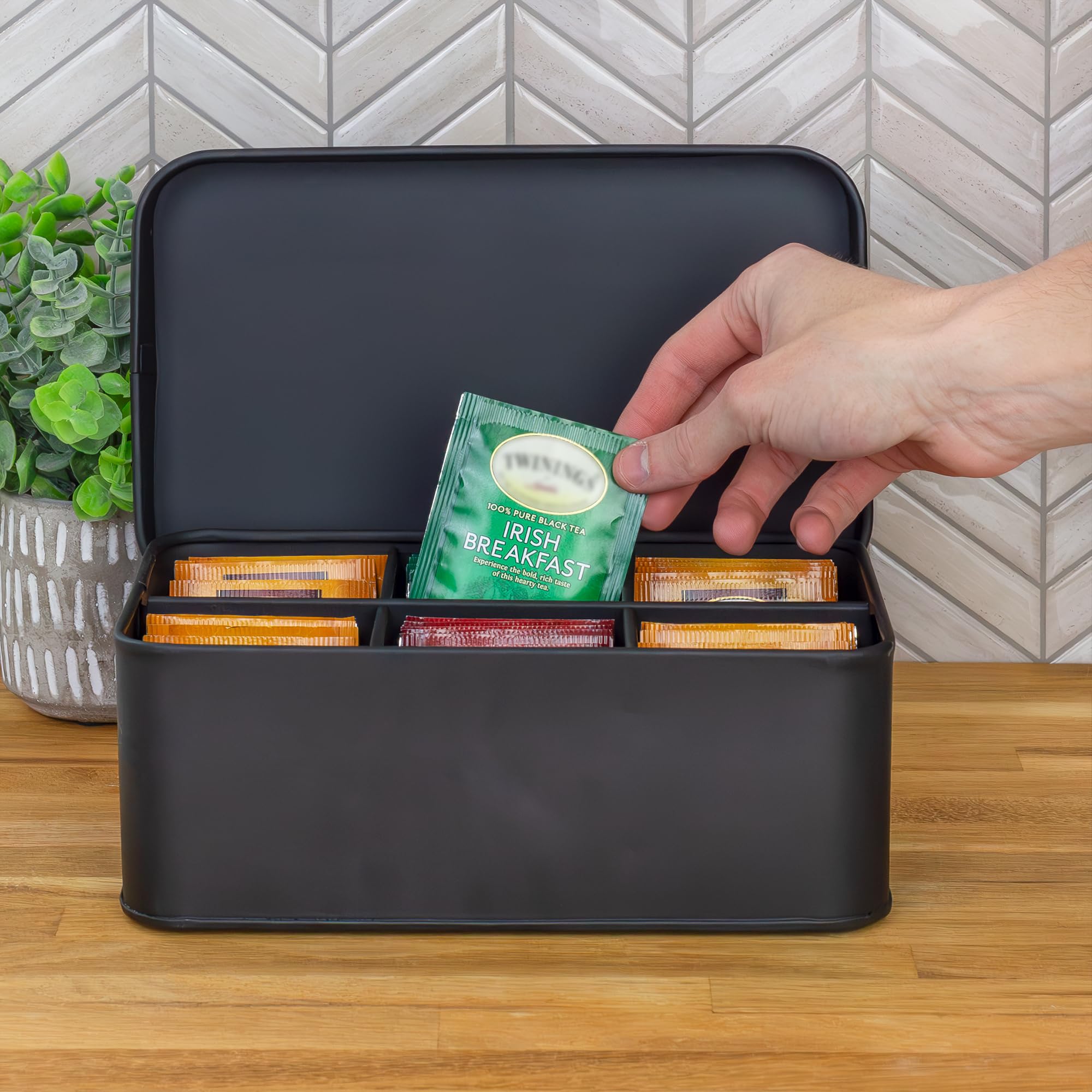 AuldHome Design enamelware tea bag box six compartments for tidy tea portioning.